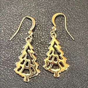 3.  Gold Tone Unsigned Christmas Tree Dangle Wire Back Earrings